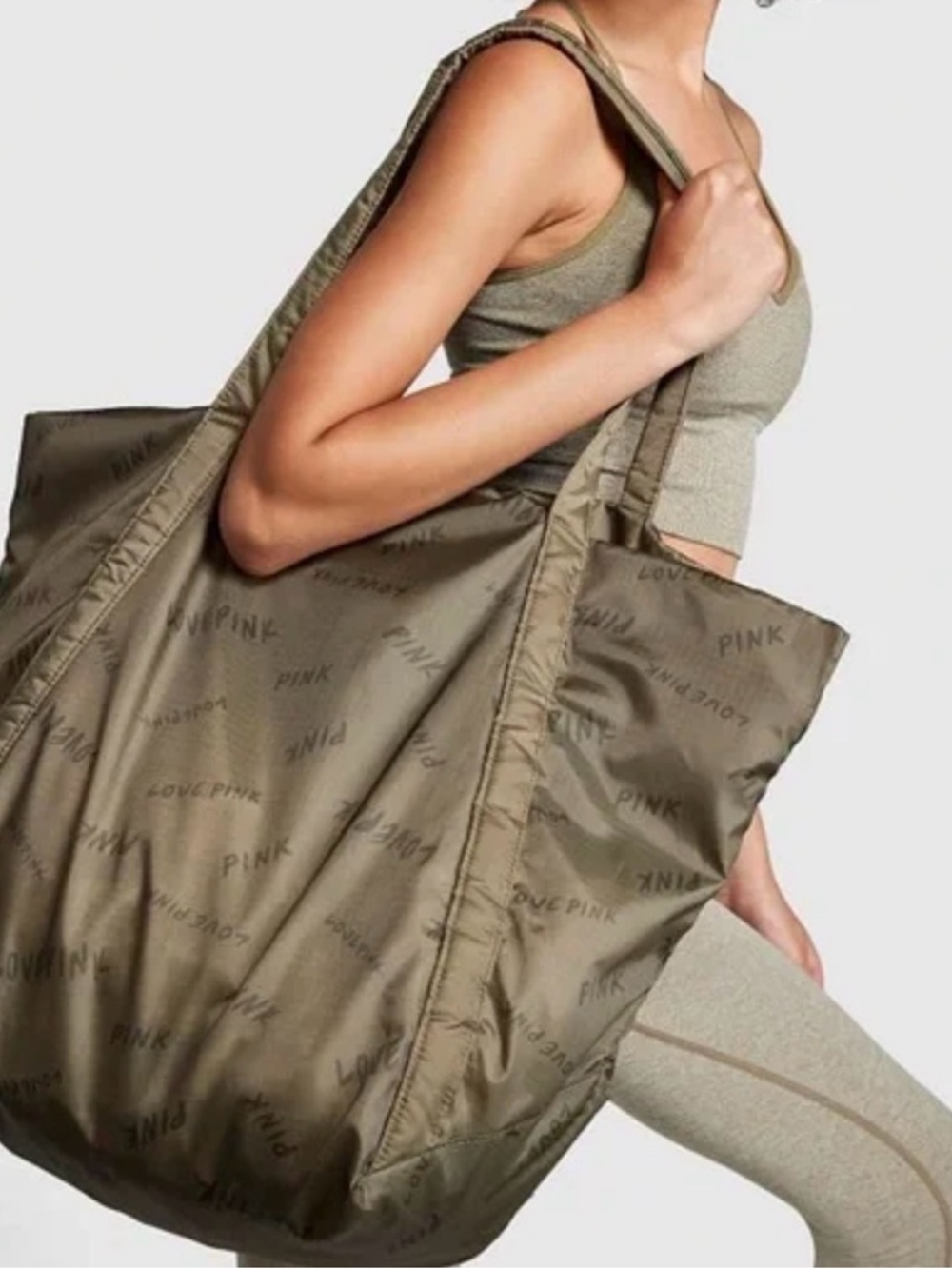 Victoria’s Secret Love Pink Lg Weekender Carryall Tote Bag Olive Green Logo EUC